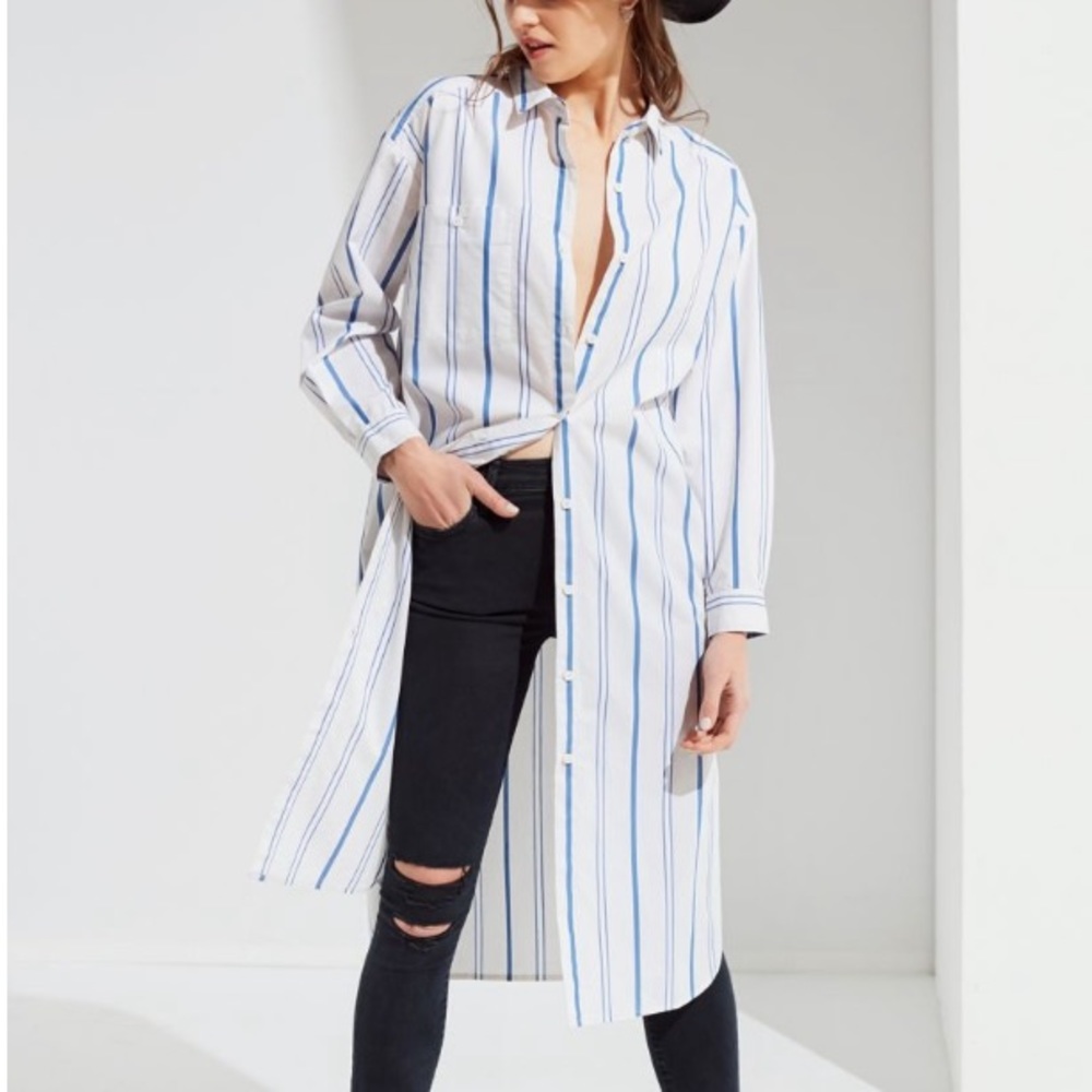 White and blue striped long button down